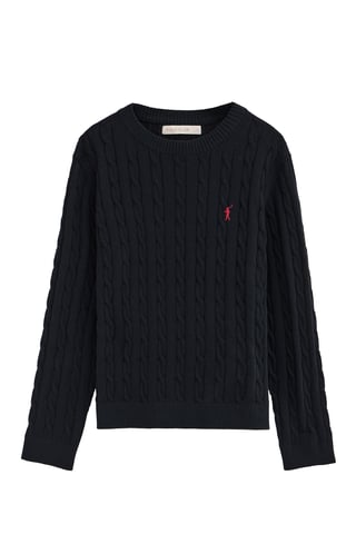 Marineblauwe kabeltrui met geborduurd Rigby Go-logo