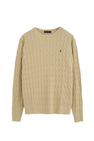 Beige kabeltrui met Rigby Go-logo