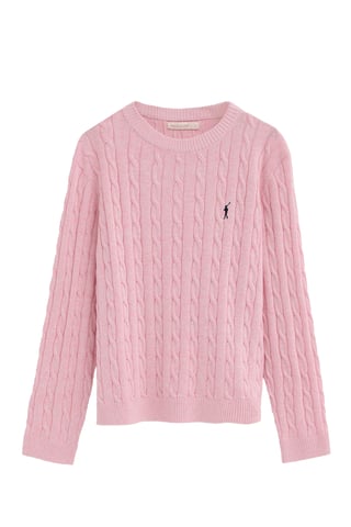 Roze kabeltrui met geborduurd Rigby Go-logo