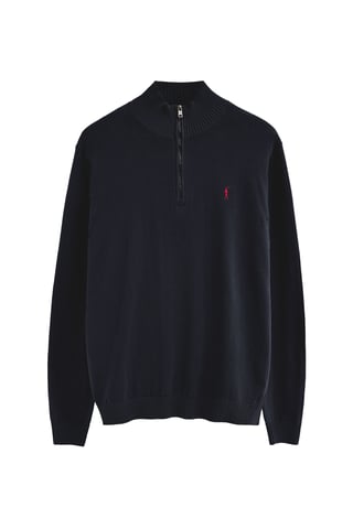 Marineblauwe trui met ritssluiting en Rigby Go-logo