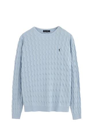 Light-blue cable-knit jumper with Rigby Go logo