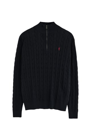 Navy-blue cable-knit jumper with zipped neck and Rigby Go logo