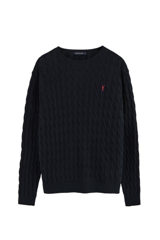Marineblauwe kabeltrui met Rigby Go-logo