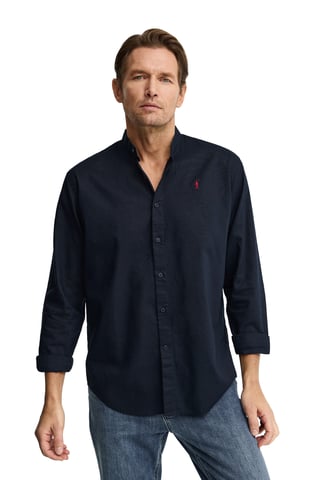 Marineblauw katoen-linnen hemd met een mao-kraag, regular fit en geborduurd Rigby Go-logo
