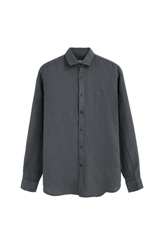 Steengrijs linnen hemd met regular fit en Polo Club-patch