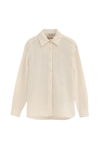 Beige gestreept hemd met een subtiel kreukeffect, loose fit en een geborduurd Rigby Go-logo