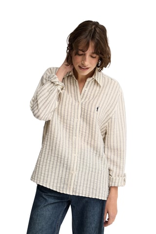 Marineblauw gestreept hemd met een subtiel kreukeffect, loose fit en een geborduurd Rigby Go-logo