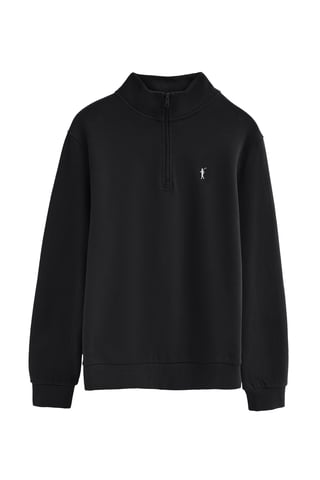 Zwarte sweater met opstaande kraag, rits en geborduurd Rigby Go-logo