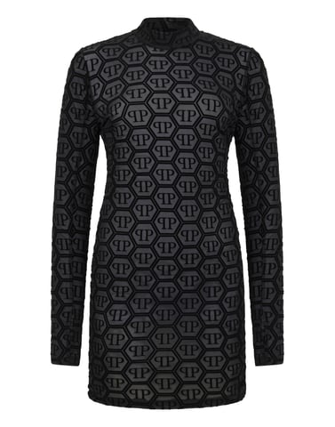 Tulle Long-Sleeved Mini Dress Monogram Jacquard