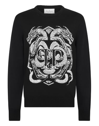 Embroidered Merino Wool Round Neck Pullover Hexagon Dragon Hexagon