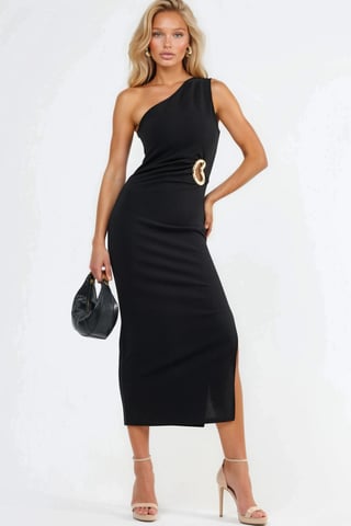 Asymmetrical Collar Midi Dress with Accessory Details