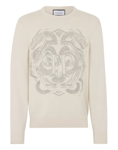 Embroidered Merino Wool Round Neck Pullover Hexagon Dragon