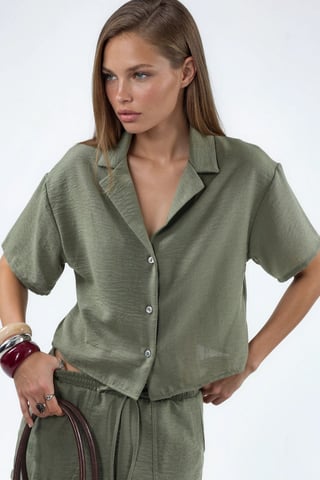 Textured Crop Shirt with Button Closure