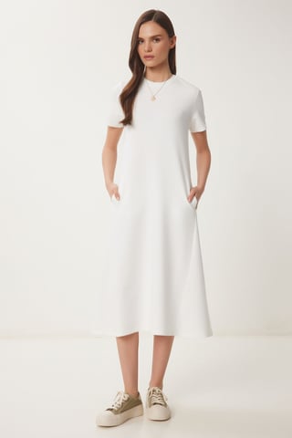 Midi Dress with Short Sleeves and Crew Neck