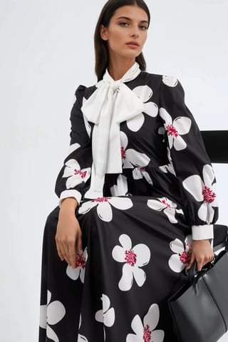 Patterned A-line maxi dress with shawl collar