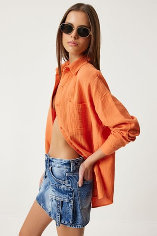 Oversized Textured Cotton Shirt with Pocket