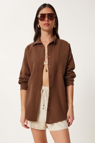 Oversized Textured Cotton Shirt with Pocket
