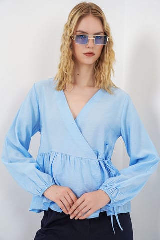 V-Neck Tie Detail Crepe Wrap Blouse