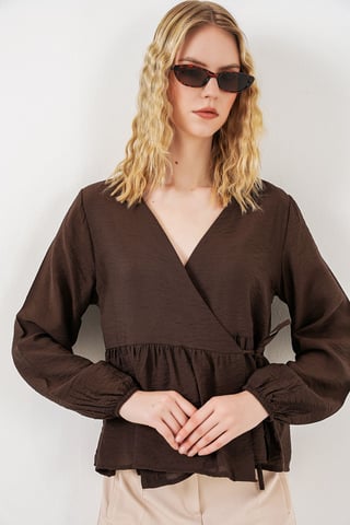 V-Neck Tie Detail Crepe Wrap Blouse