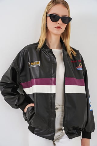 Fitted Crop Faux Leather Bomber Jacket with Bow