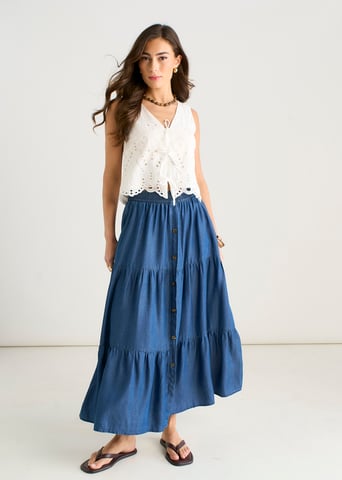 Blauwe chambray midi-rok met elastische tailleband en knoopsluiting