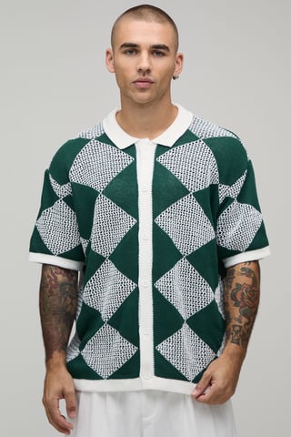 Relaxed Fit Open Stitch Diamond Crochet Knitted Shirt