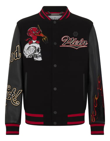 Varsity Bomber With Leather Sleeves Devil Skull