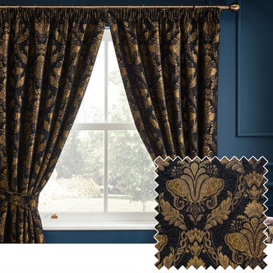 Paoletti Shiraz Floral Pencil Pleat Curtain Pair, Black
