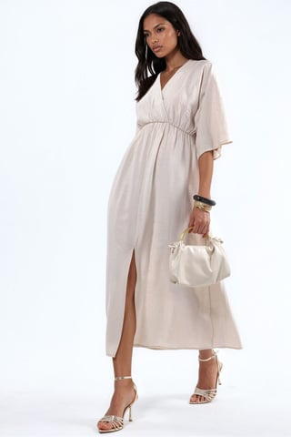 V-Neck Midi Wrap Dress with Three Quarter Sleeves
