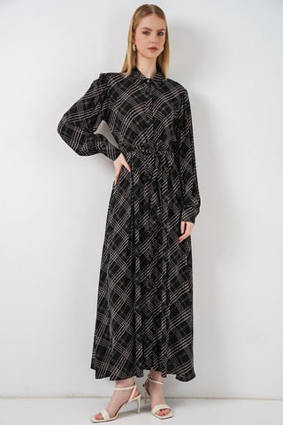 Plaid Midi Shirt Dress with Button Closure