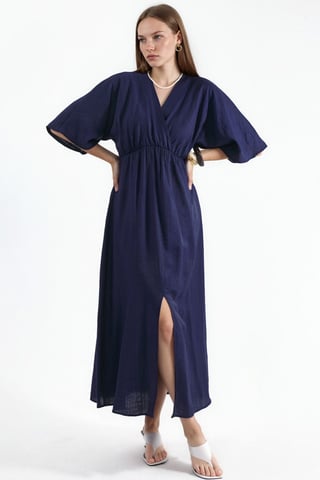 V-Neck Midi Wrap Dress with Three Quarter Sleeves