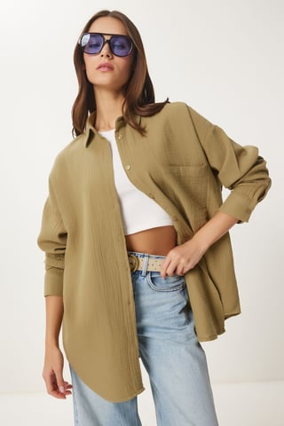 Oversized Textured Cotton Shirt with Pocket