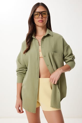 Oversized Textured Cotton Shirt with Pocket