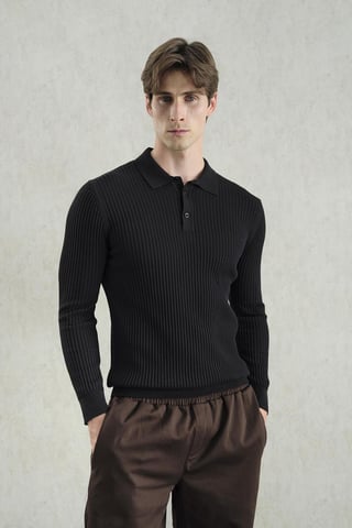 Slim Fit Poloshirt med Knapp och Långa Ärmar