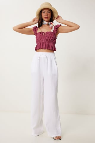 Wide Leg Drawstring Waist Pants with Binding Detail