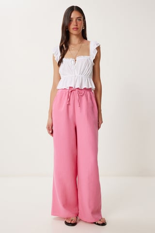 Wide Leg Drawstring Waist Pants with Binding Detail