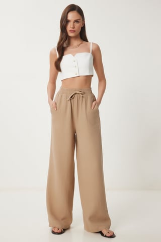 Wide Leg Drawstring Waist Pants with Binding Detail