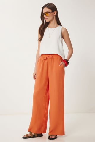 Wide Leg Drawstring Waist Pants with Binding Detail