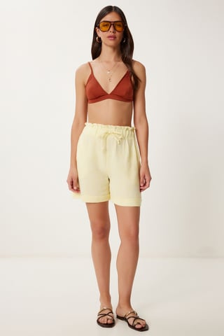 High Waist Drawstring Mini Shorts with Binding Detail
