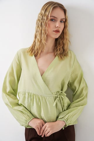 V-Neck Tie Detail Crepe Wrap Blouse
