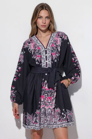 Belted Mini Dress with V-Neck in Paisley
