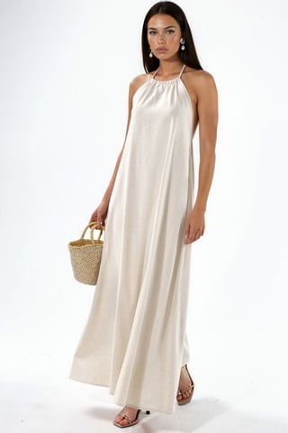 Linen Blend Halter Neck Maxi Dress