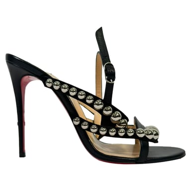 Christian Louboutin Galeria Studded Sandal Heels in Black Leather