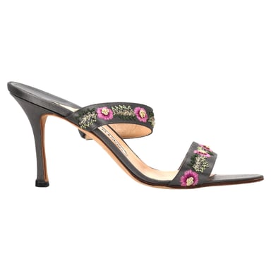 Manolo Blahnik Embroidered Heeled Mules in Black Satin