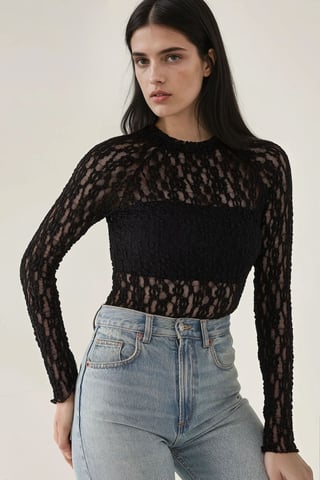 Spets Guipure Slim Fit Crew Neck Blus