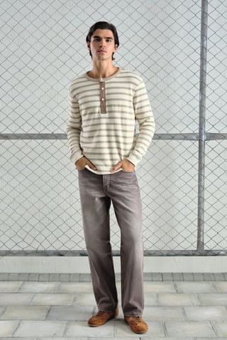 Striped Button Collar Long Sleeve T-Shirt