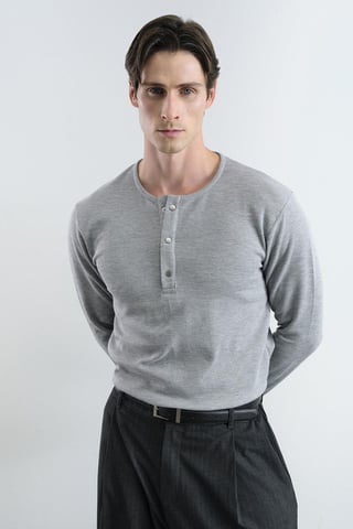 Comfort Fit Button Collar Long Sleeve T-Shirt