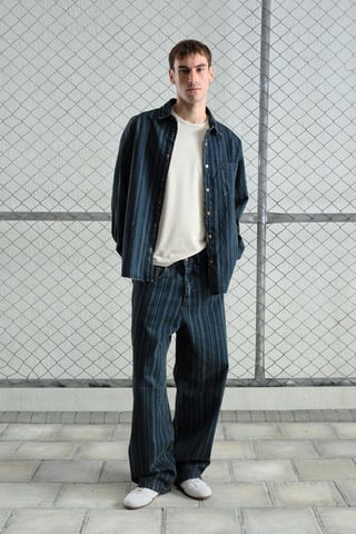 Striped Denim Button-Up Shirt with Pocket