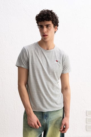Broderad Randig T-shirt med Rundad Hals