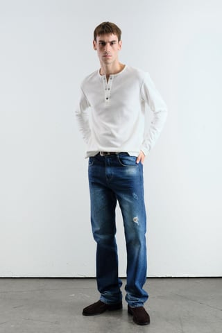 Slim Fit Knappkrage Långärmad T-shirt